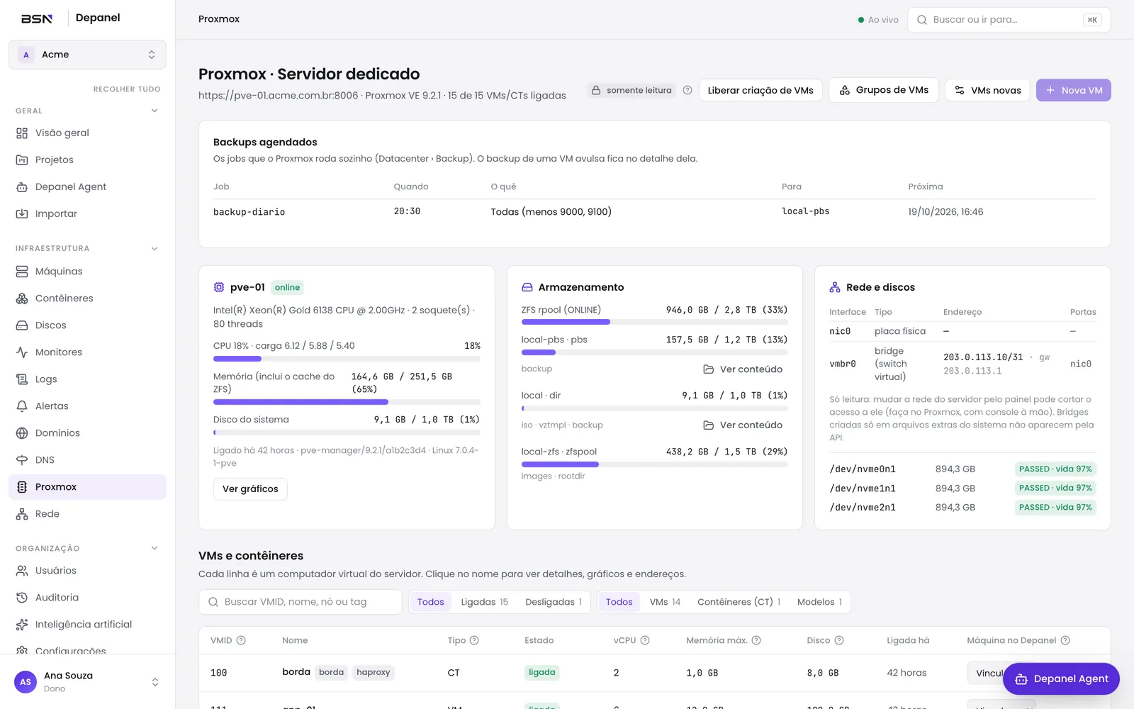 Inventário do Proxmox no Depanel (dados de demonstração)
