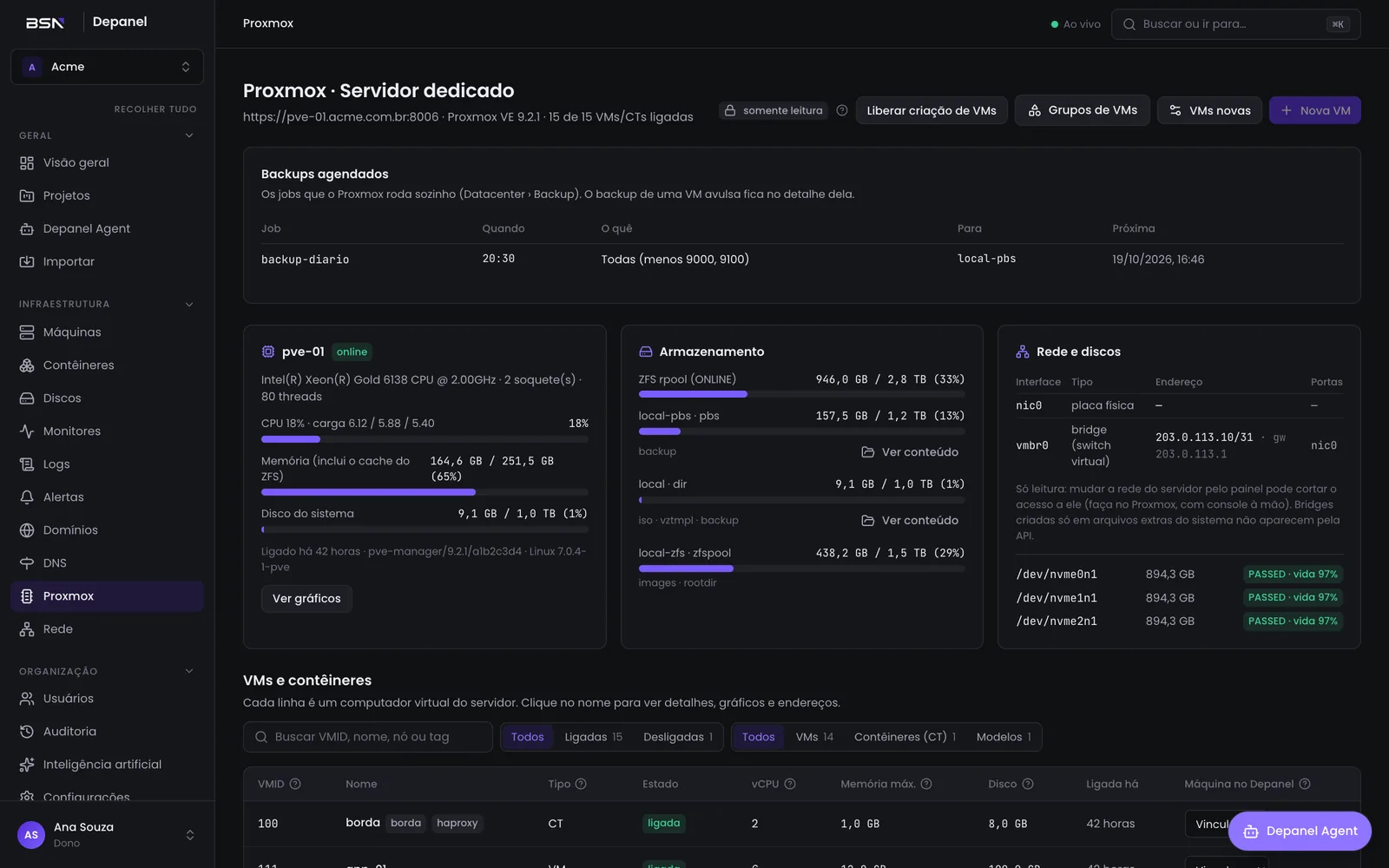 Inventário do Proxmox no Depanel (dados de demonstração)